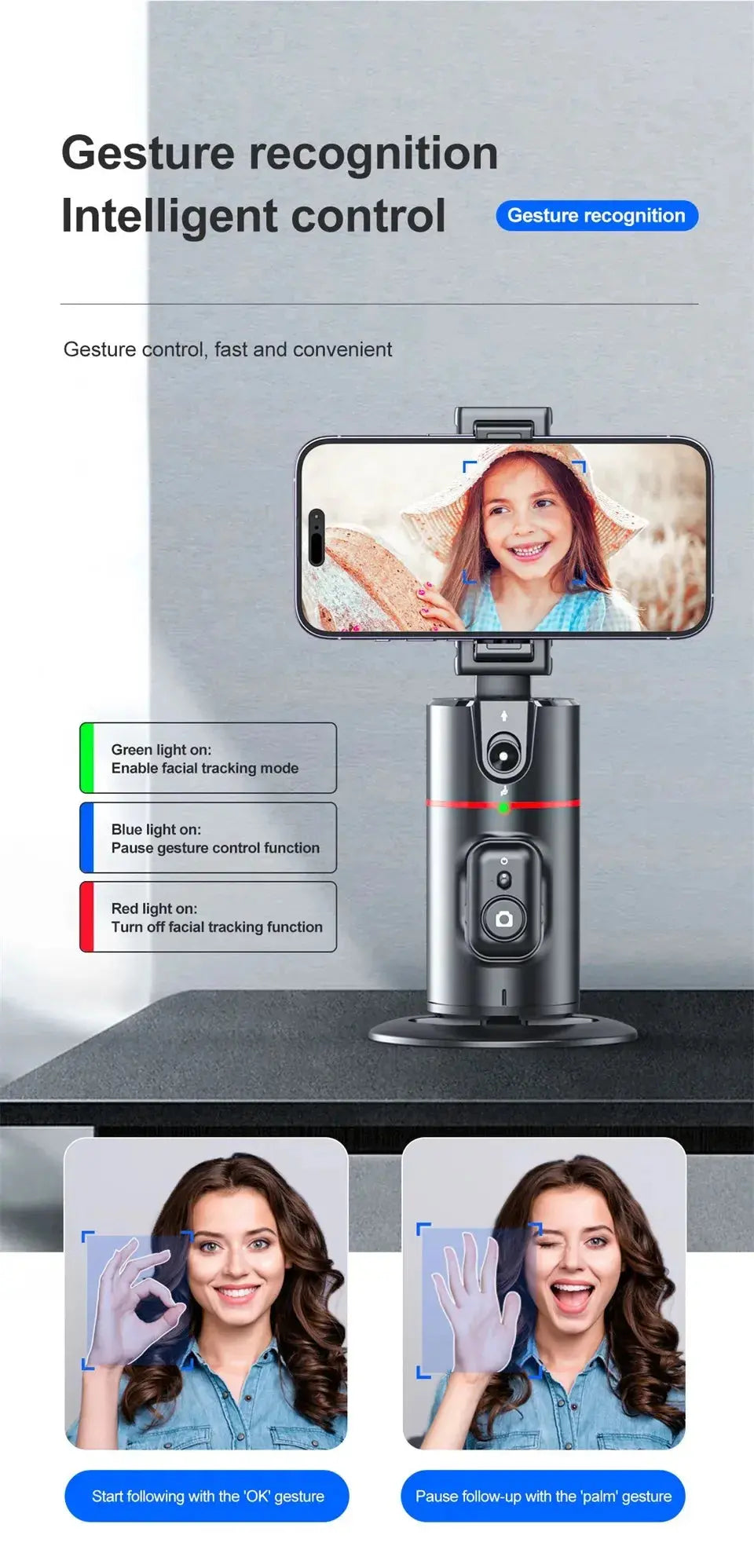 Auto Face Tracking 360°Rotation - Gesture Recognition Phone Camera Mount MomFlow Co.